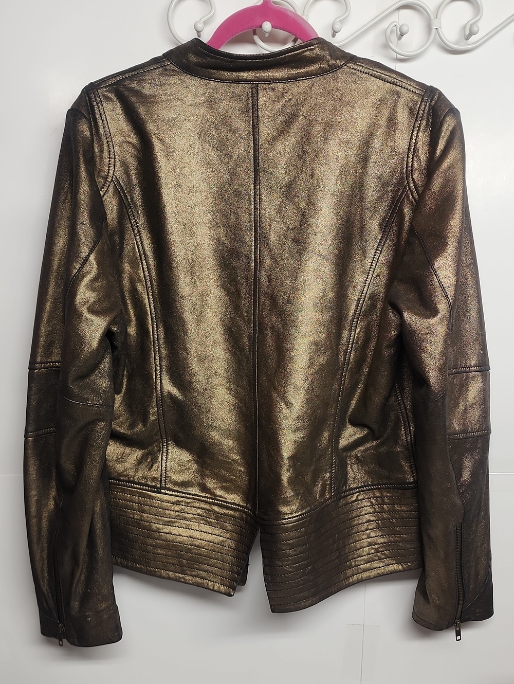 REBA Western Metallic Bronze/Gold Goat Leather Moto Black Lining Jacket Size L - Picture 4 of 9